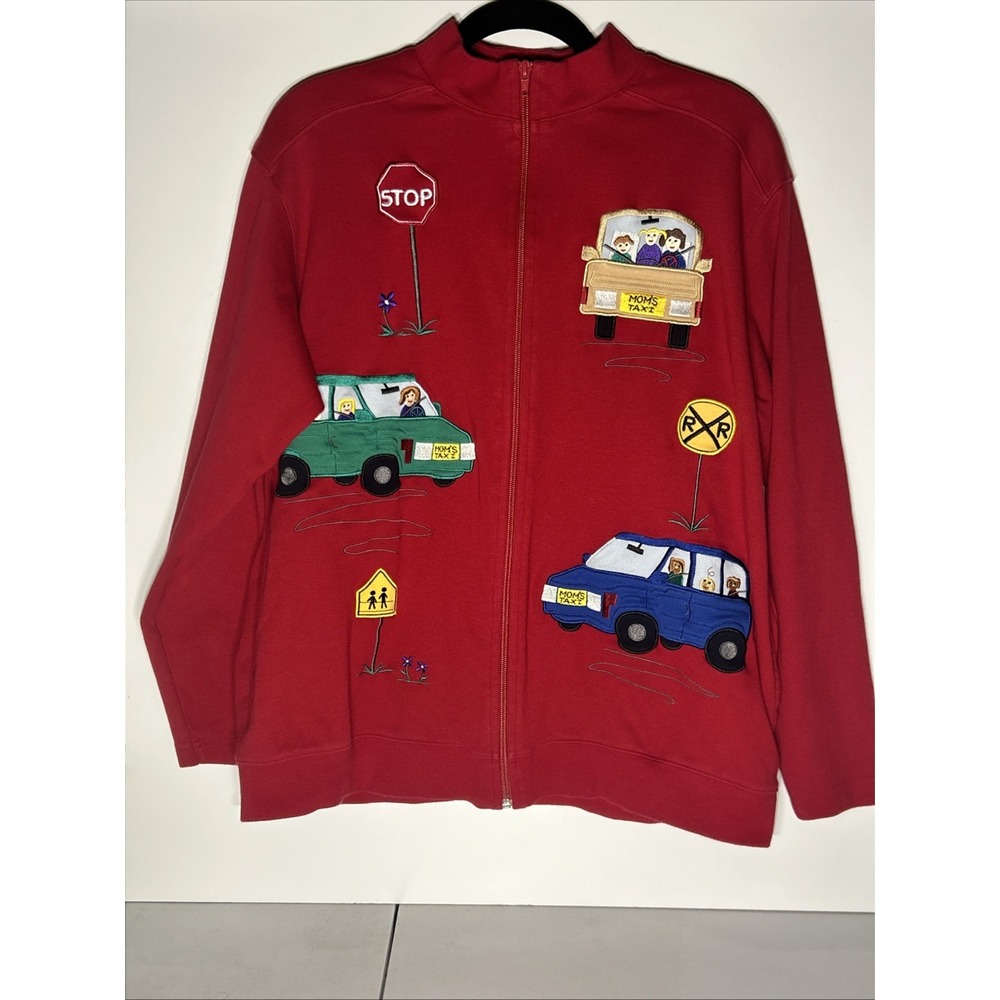 Mom's Taxi‎ Medium Zipper Jacket Sweatshirt Red Bechamel Embroidered Cotton